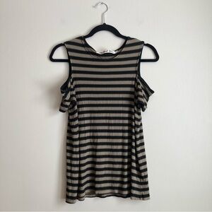 Michael Stars Black and Brown Striped Cold Shoulder Short Sleeve Top S